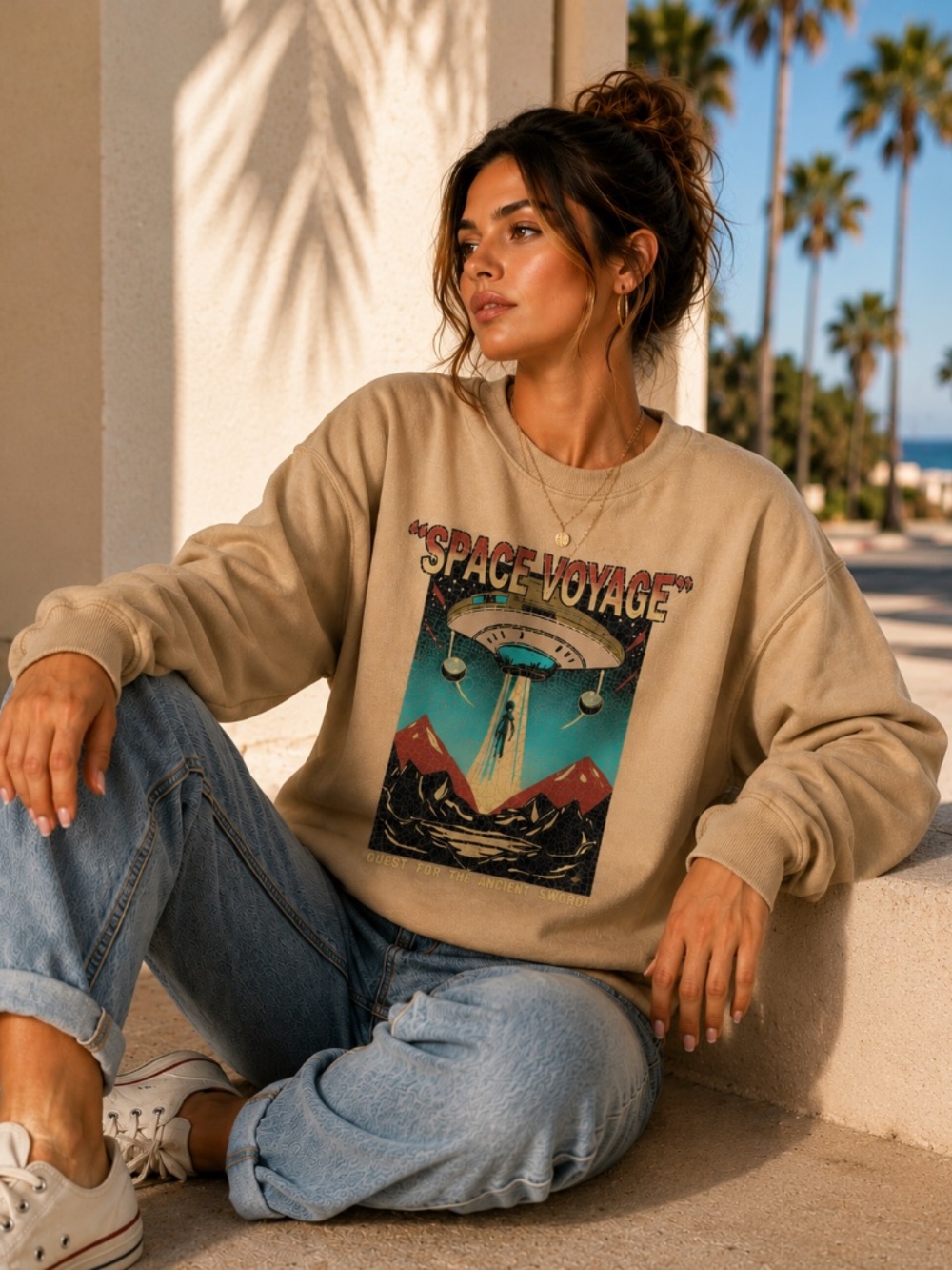 BRINK Space Voyage Graphic Sweatshirt Large Beige Retro UFO Sci-Fi Crewneck